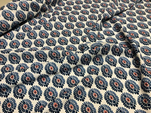 Floral Aztec Spanish Geometric Diamond Flower Tile Fabric Cotton Panama Curtain Upholstery Material - 55"/140cm wide - Blue & Red - Image 5