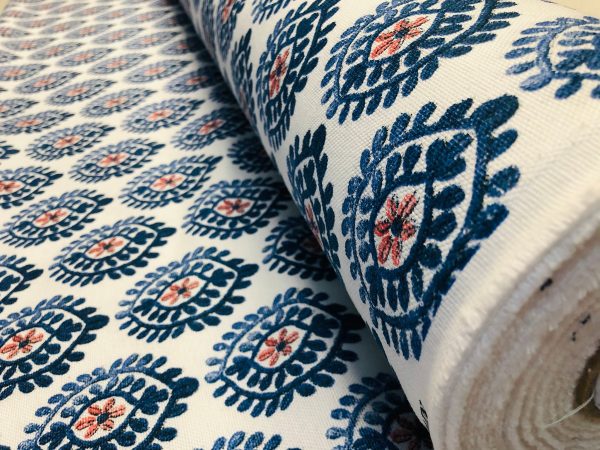 Floral Aztec Spanish Geometric Diamond Flower Tile Fabric Cotton Panama Curtain Upholstery Material - 55"/140cm wide - Blue & Red - Image 3