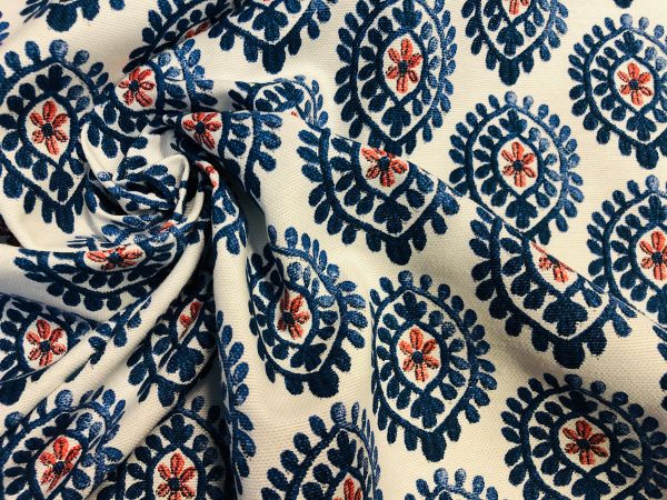 Floral Aztec Spanish Geometric Diamond Flower Tile Fabric Cotton Panama Curtain Upholstery Material - 55"/140cm wide - Blue & Red - Image 6
