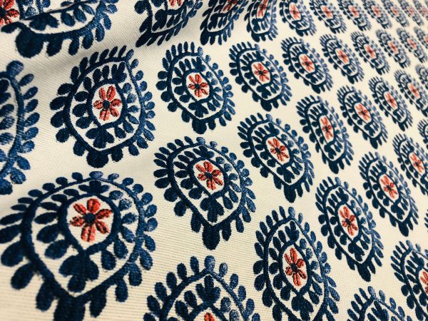 Floral Aztec Spanish Geometric Diamond Flower Tile Fabric Cotton Panama Curtain Upholstery Material - 55"/140cm wide - Blue & Red - Image 2