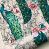 Peacock Bird Fabric – Floral Pink Peony Garden Furnishing, Curtains, Upholstery Material – 55"/140cm Wide – Cream & Turquoise