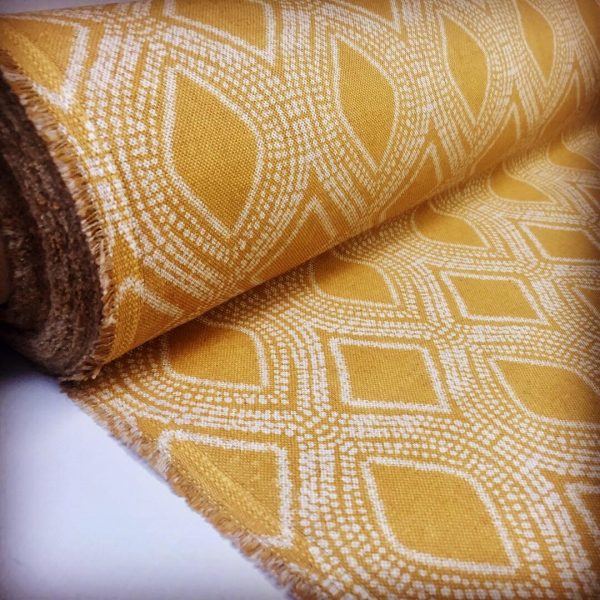 Art Deco Damask Rhombus Diamond Print Fabric Floral Cotton Material for Curtains Upholstery Home Decor 280cm EXTRA wide Ochre Mustard Cream - Image 2