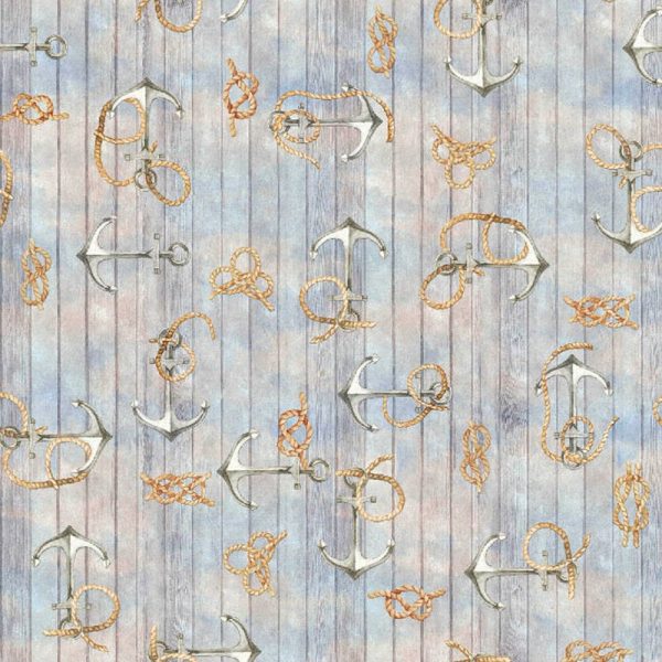 Nautical KNOTS Fabric Curtain Material for Dress Home Decor Curtain Upholstery Wooden Plank Anchor Print – 55"/ 140cm wide