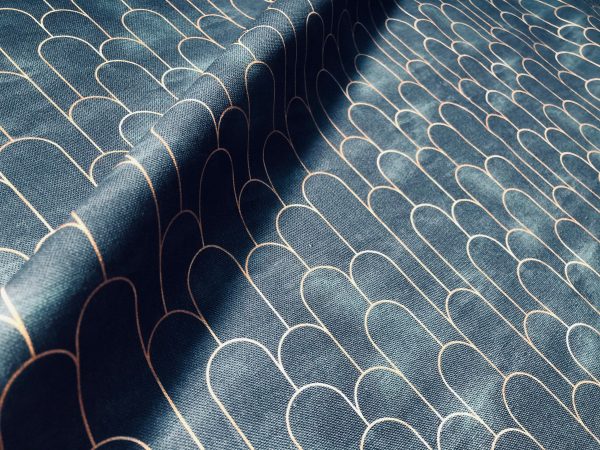 Arches Art Deco Fan Fabric Marble Effect Mermaid Fish Scale - Furnishing, Curtains, Upholstery Material - 110" or 280cm EXTRA Wide - Navy Blue & Gold - Image 3