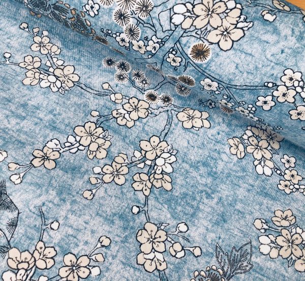 BLUE Japanese Sakura Blossom Cherry Floral Twill Curtain Fabric Oriental Furnishing Material - 55'' wide textile - Image 3