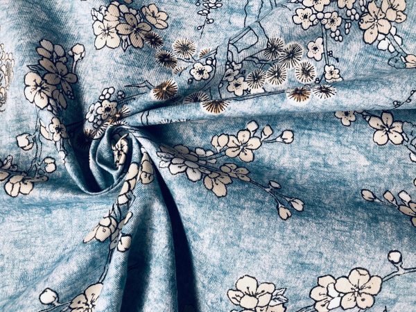 BLUE Japanese Sakura Blossom Cherry Floral Twill Curtain Fabric Oriental Furnishing Material - 55'' wide textile - Image 4