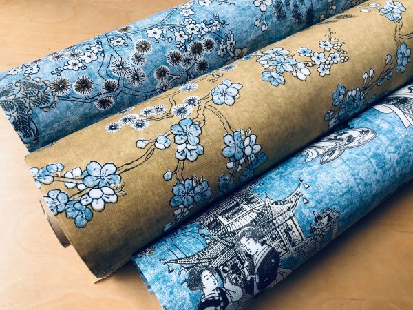 BLUE Japanese Sakura Blossom Cherry Floral Twill Curtain Fabric Oriental Furnishing Material - 55'' wide textile - Image 5