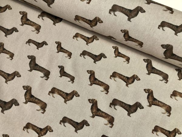 SAUSAGE DOG Animal Upholstery Curtain Cotton Fabric Material 55"/140cm wide canvas – Brown Cream