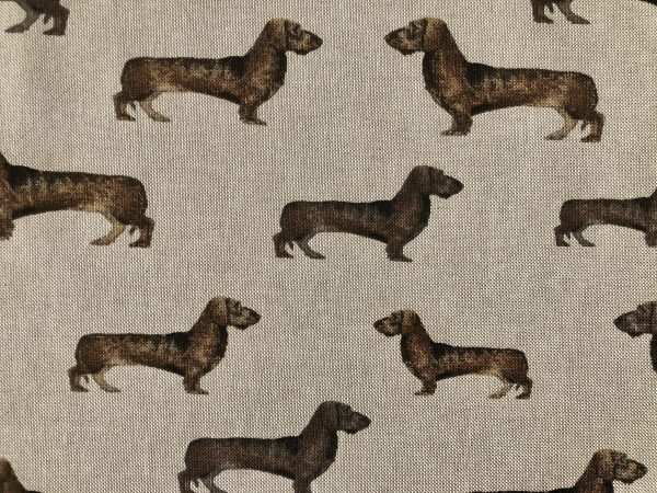 SAUSAGE DOG Animal Upholstery Curtain Cotton Fabric Material 55"/140cm wide canvas - Brown Cream - Image 2