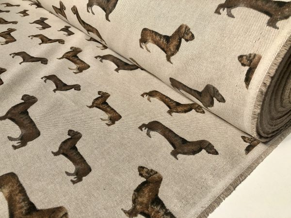 SAUSAGE DOG Animal Upholstery Curtain Cotton Fabric Material 55"/140cm wide canvas - Brown Cream - Image 3
