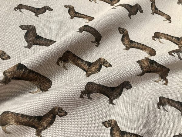 SAUSAGE DOG Animal Upholstery Curtain Cotton Fabric Material 55"/140cm wide canvas - Brown Cream - Image 5