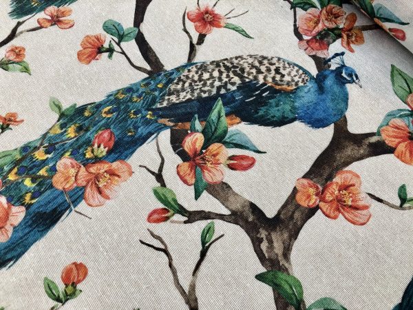 Peacock Bird Fabric Floral Garden Furnishing, Curtains, Upholstery Material – 55"/140cm Wide – Peach & Turquoise