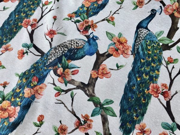 Peacock Bird Fabric Floral Garden Furnishing, Curtains, Upholstery Material - 55"/140cm Wide - Peach & Turquoise - Image 6
