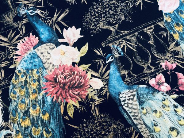 Peacock Bird Fabric – Floral Pink Peony Garden Furnishing, Curtains, Upholstery Material – 55"/140cm Wide – BLACK & Turquoise