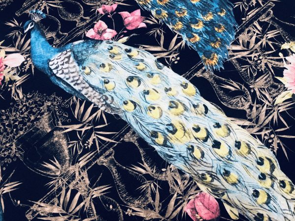 Peacock Bird Fabric - Floral Pink Peony Garden Furnishing, Curtains, Upholstery Material - 55"/140cm Wide - BLACK & Blue - Image 2