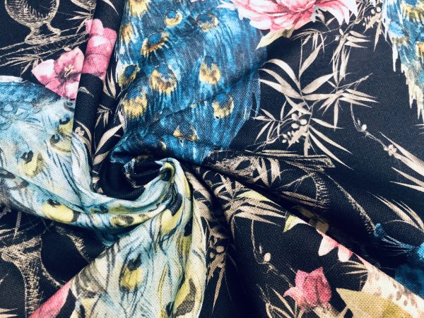 Peacock Bird Fabric - Floral Pink Peony Garden Furnishing, Curtains, Upholstery Material - 55"/140cm Wide - BLACK & Blue - Image 3