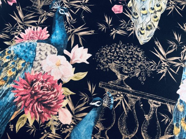 Peacock Bird Fabric - Floral Pink Peony Garden Furnishing, Curtains, Upholstery Material - 55"/140cm Wide - BLACK & Blue - Image 4