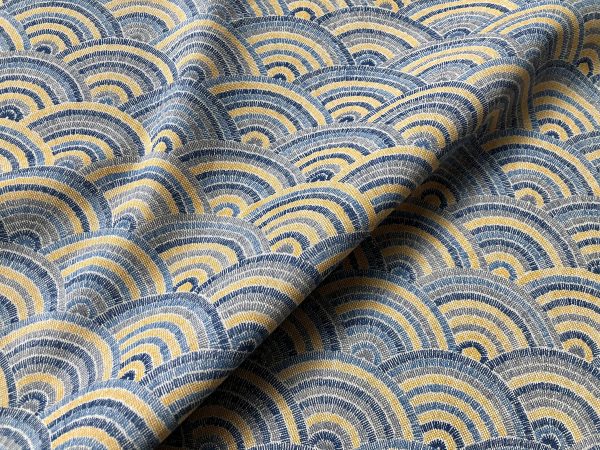 Rainbow Fan Diamond Art Deco Peacock Fan Damask Fabric - Furnishing, Curtains, Upholstery Material - 55"/140cm Wide - Blue & Mustard - Image 2