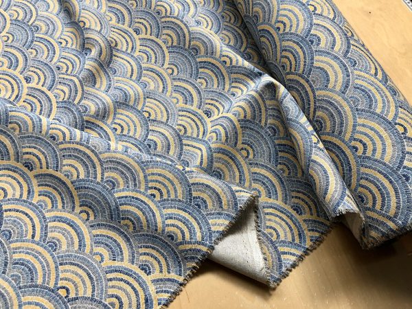 Rainbow Fan Diamond Art Deco Peacock Fan Damask Fabric - Furnishing, Curtains, Upholstery Material - 55"/140cm Wide - Blue & Mustard - Image 3