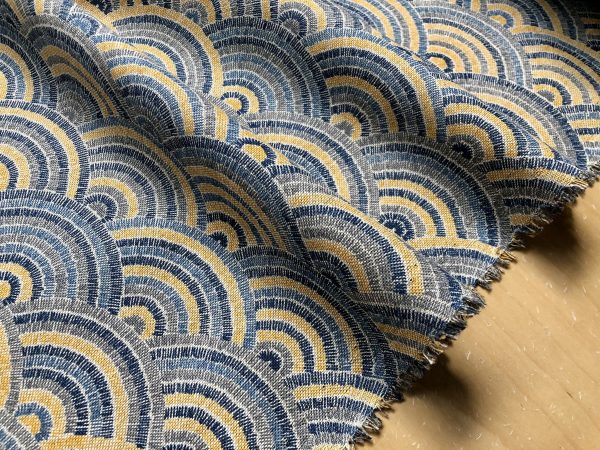 Rainbow Fan Diamond Art Deco Peacock Fan Damask Fabric - Furnishing, Curtains, Upholstery Material - 55"/140cm Wide - Blue & Mustard - Image 4