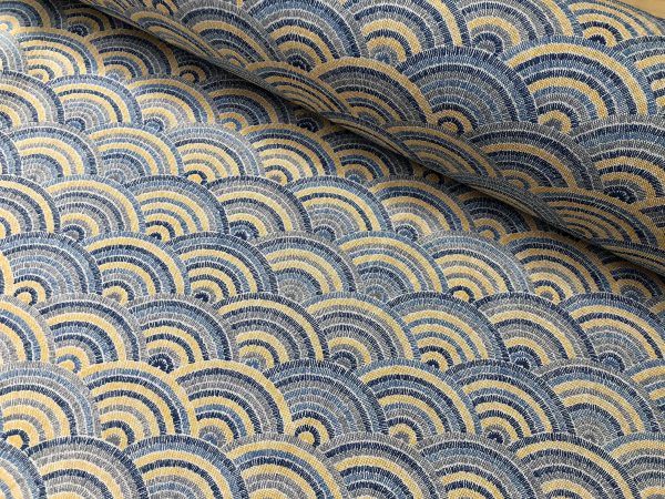 Rainbow Fan Diamond Art Deco Peacock Fan Damask Fabric - Furnishing, Curtains, Upholstery Material - 55"/140cm Wide - Blue & Mustard - Image 6