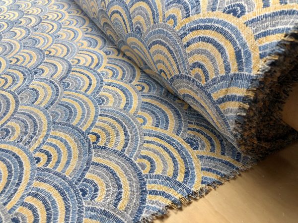 Rainbow Fan Diamond Art Deco Peacock Fan Damask Fabric - Furnishing, Curtains, Upholstery Material - 55"/140cm Wide - Blue & Mustard - Image 8