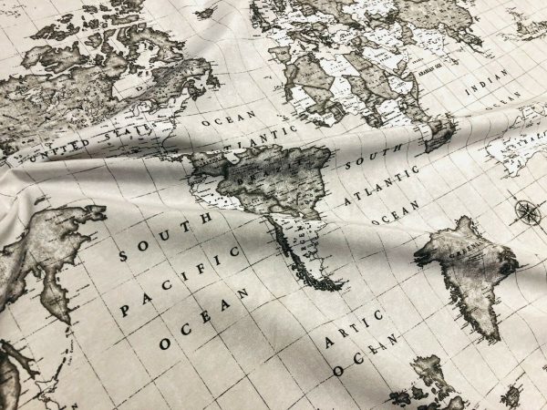 Teflon Waterproof World Map Tablecloth PU Coated Outdoor Fabric For Cushion, Gazebo, Tables, Beach - 55"/140cm Wide - GREY - Image 2
