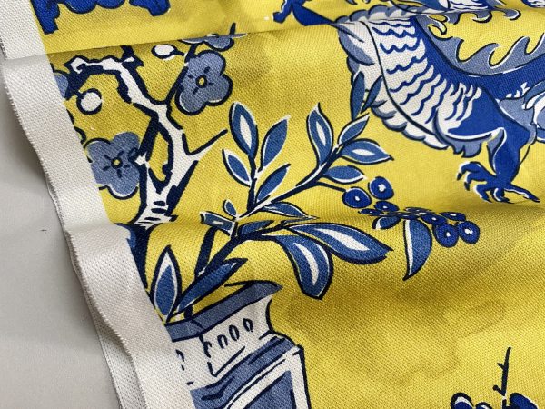 BLUE Chinese Dragon Digitally Printed Fabric Asian Porcelain Motif Material Home Decor Curtain Upholstery 140cm or 55" wide - Mustard & Blue - Image 3