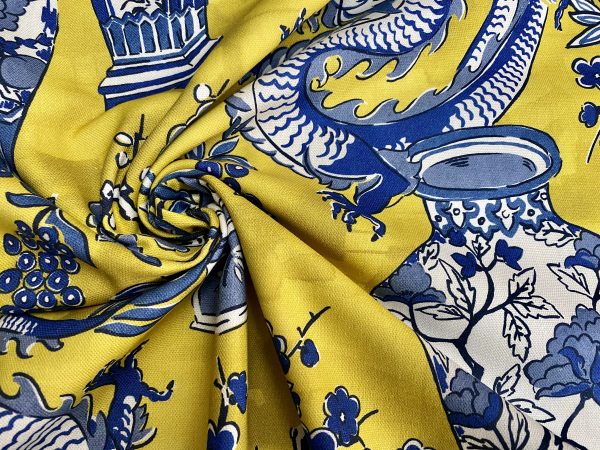 BLUE Chinese Dragon Digitally Printed Fabric Asian Porcelain Motif Material Home Decor Curtain Upholstery 140cm or 55" wide - Mustard & Blue - Image 4