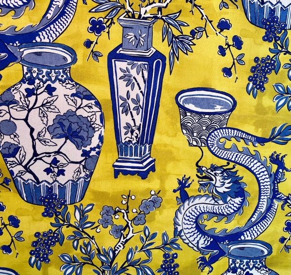 BLUE Chinese Dragon Digitally Printed Fabric Asian Porcelain Motif Material Home Decor Curtain Upholstery 140cm or 55" wide - Mustard & Blue - Image 5