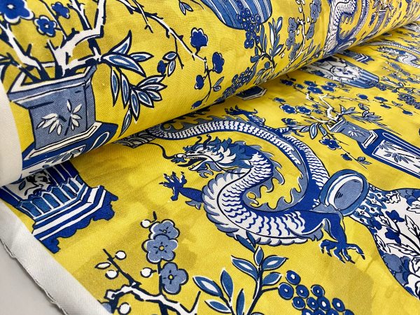 BLUE Chinese Dragon Digitally Printed Fabric Asian Porcelain Motif Material Home Decor Curtain Upholstery 140cm or 55" wide - Mustard & Blue - Image 7