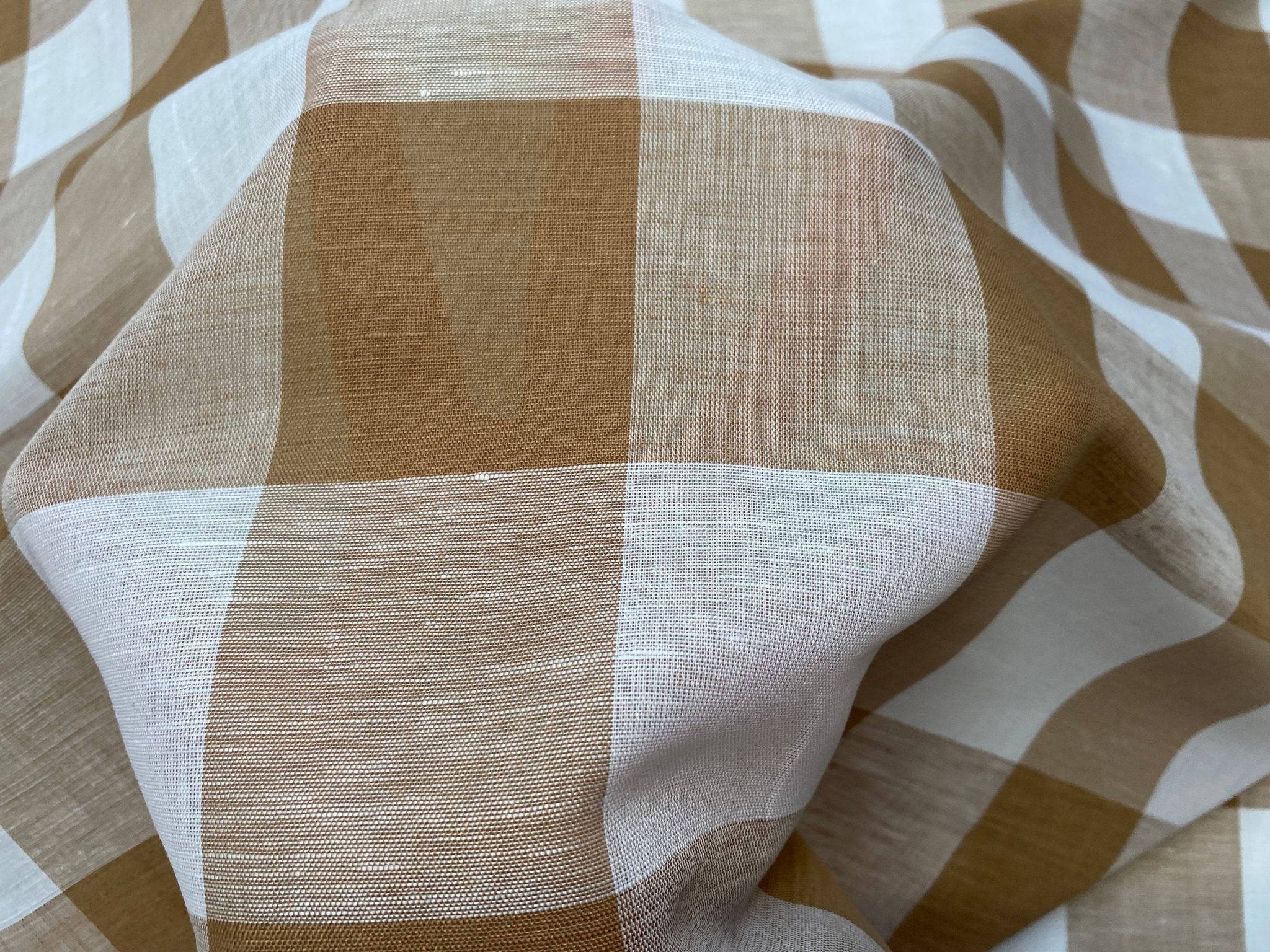 LIGHT BROWN & WHITE Checks Gingham Checked Linen Fabric Plaid Material