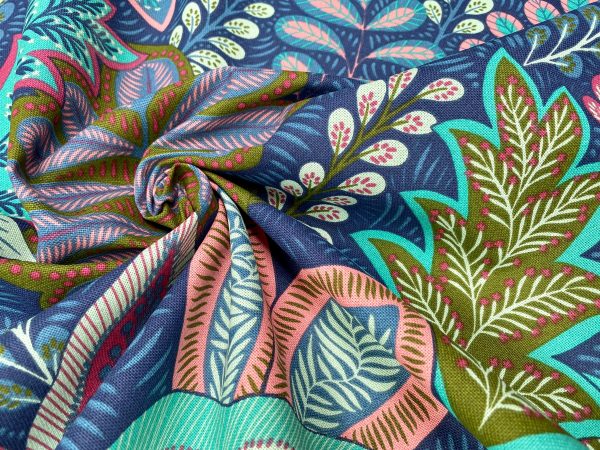 BOTANIC Leaf Fabric Tropical Floral Tree Leaves Print Cotton Curtain Upholstery Material 55″/140cm wide Canvas – Blue Turquoise