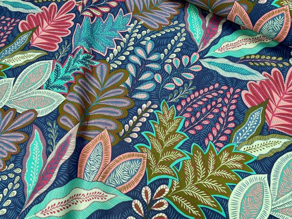 BOTANIC Leaf Fabric Tropical Floral Tree Leaves Print Cotton Curtain Upholstery Material 55"/140cm wide Canvas - Blue Turquoise - Image 2