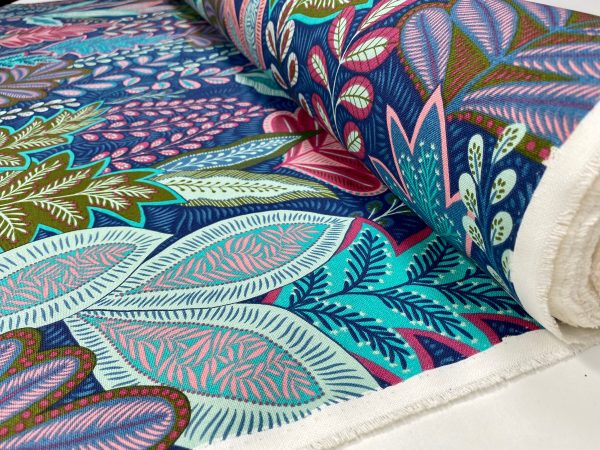 BOTANIC Leaf Fabric Tropical Floral Tree Leaves Print Cotton Curtain Upholstery Material 55"/140cm wide Canvas - Blue Turquoise - Image 3