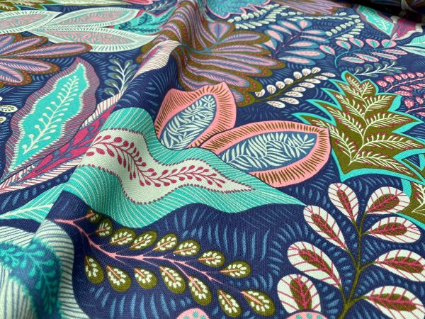 BOTANIC Leaf Fabric Tropical Floral Tree Leaves Print Cotton Curtain Upholstery Material 55"/140cm wide Canvas - Blue Turquoise - Image 4