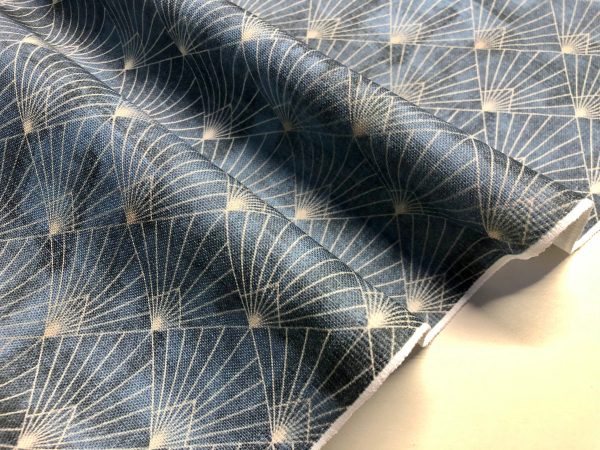 Diamond Art Deco Rhombus Damask Peacock Fan Fabric – Furnishing, Curtains, Upholstery Material – 55″/140cm Wide – Navy Blue & Gold