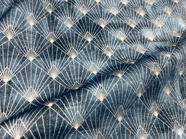 Diamond Peacock Fan Fabric Art Deco Rhombus Damask - Furnishing, Curtains, Upholstery Material - 125" or 320cm EXTRA Wide - Navy Blue & Gold - Image 3