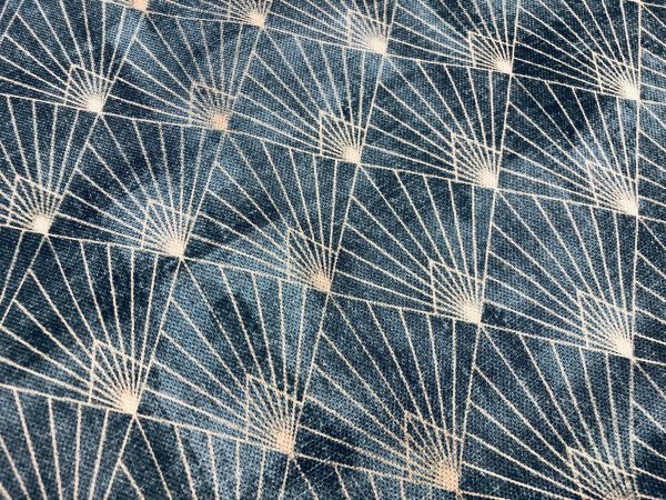 Diamond Peacock Fan Fabric Art Deco Rhombus Damask - Furnishing, Curtains, Upholstery Material - 125" or 320cm EXTRA Wide - Navy Blue & Gold - Image 4