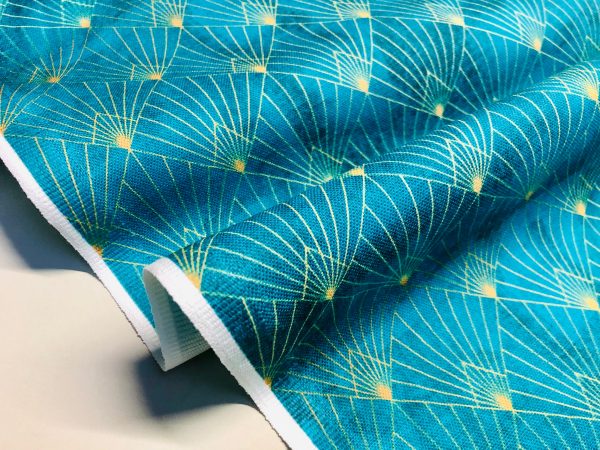Diamond Art Deco Rhombus Damask Peacock Fan Fabric - Furnishing, Curtains, Upholstery Material - 55"/140cm Wide - Turquoise & Gold - Image 3