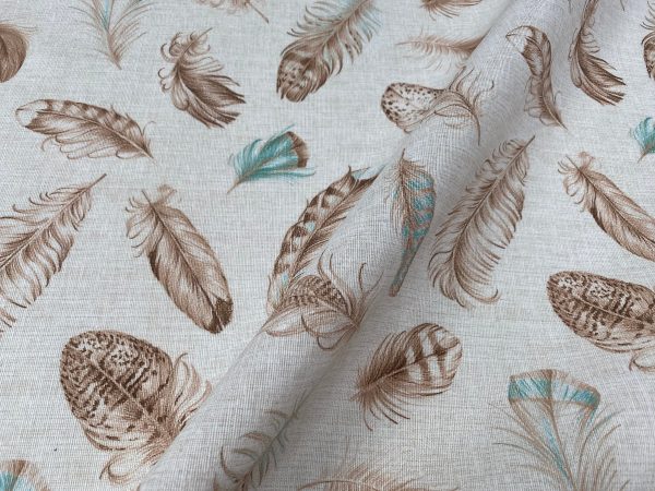 Feathers Fabric Falling Wing Falling Feather Canvas - Curtains, Upholstery, Dress Material - 140 cm or 55" Wide Textile - Beige Turquoise - Image 2
