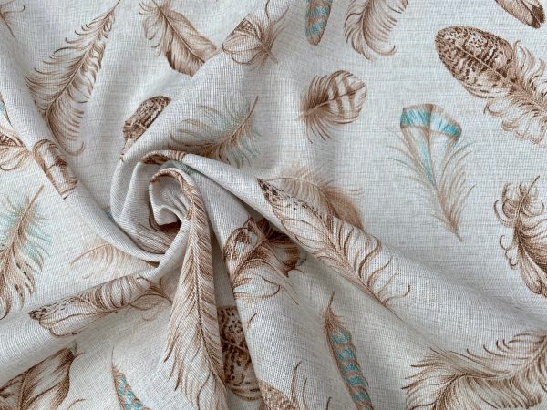 Feathers Fabric Falling Wing Falling Feather Canvas - Curtains, Upholstery, Dress Material - 140 cm or 55" Wide Textile - Beige Turquoise - Image 3