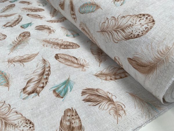 Feathers Fabric Falling Wing Falling Feather Canvas - Curtains, Upholstery, Dress Material - 140 cm or 55" Wide Textile - Beige Turquoise - Image 4