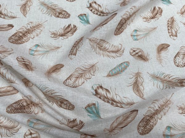 Feathers Fabric Falling Wing Falling Feather Canvas - Curtains, Upholstery, Dress Material - 140 cm or 55" Wide Textile - Beige Turquoise - Image 5