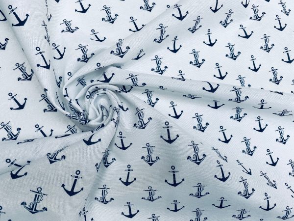 Small Anchor Fabric – Curtains, Upholstery, Dress Material – Ocean Marine Design – 140 cm Wide Textile – White