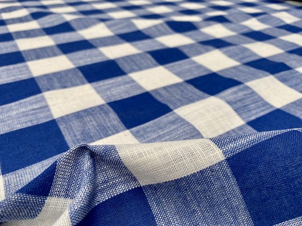 BRIGHT BLUE & White Gingham Linen Checked Linen Fabric Plaid Material Buffalo Check Cotton Yarn Tartan - 59" or 150cm wide - Image 3