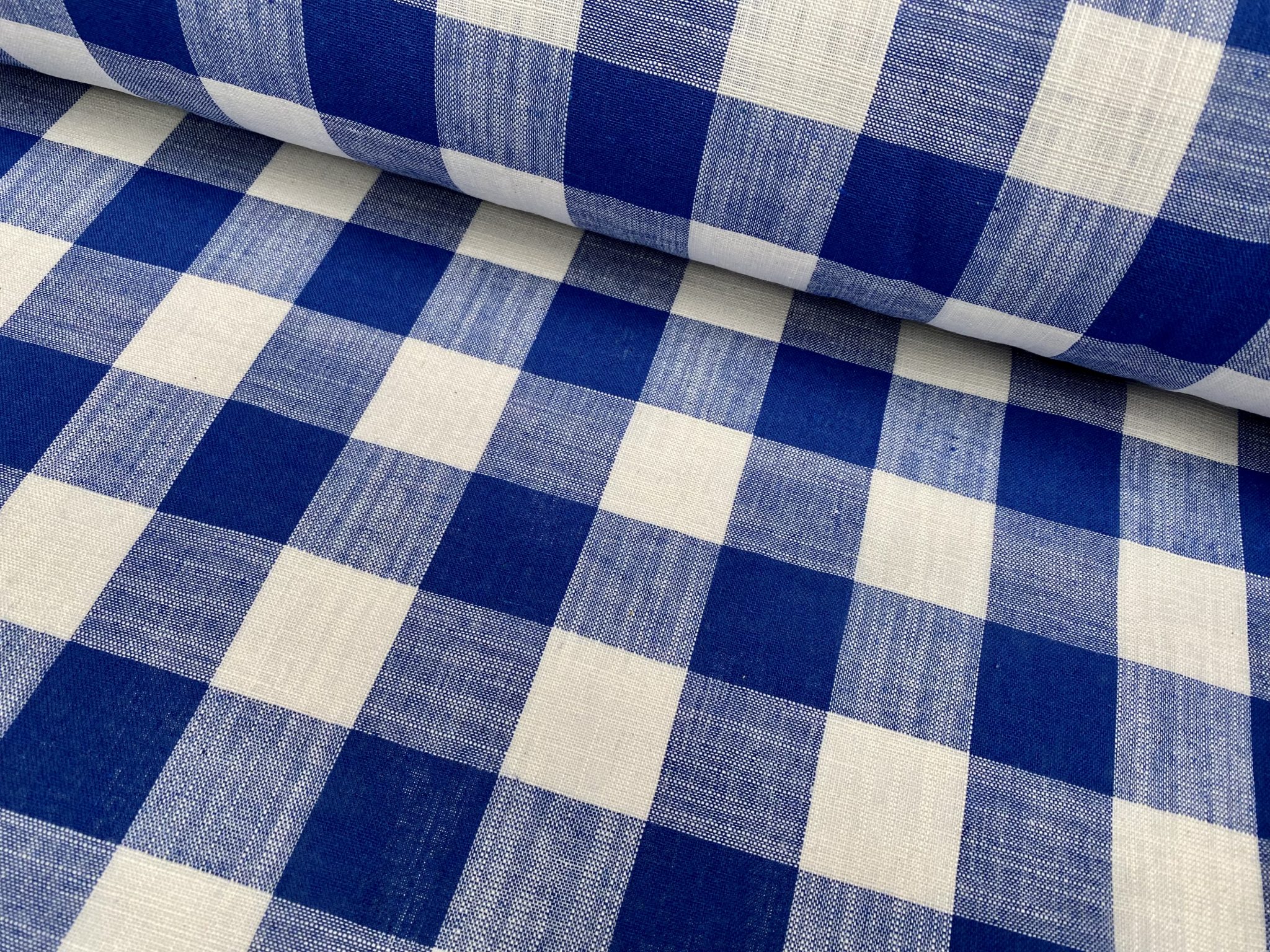 BRIGHT BLUE & White Gingham Linen Checked Linen Fabric Plaid Material ...