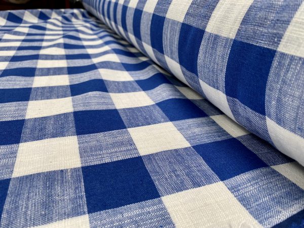 BRIGHT BLUE & White Gingham Linen Checked Linen Fabric Plaid Material Buffalo Check Cotton Yarn Tartan - 59" or 150cm wide - Image 4
