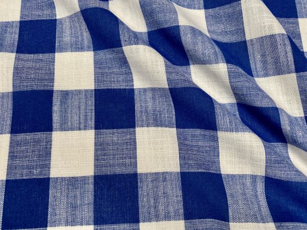 BRIGHT BLUE & White Gingham Linen Checked Linen Fabric Plaid Material Buffalo Check Cotton Yarn Tartan - 59" or 150cm wide - Image 2