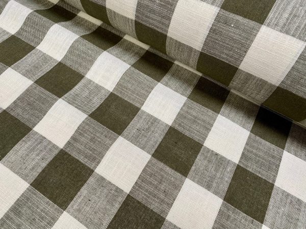 Gingham Linen Checked Linen Fabric Plaid Material Buffalo Check Cotton Yarn Tartan – 59″ or 150cm wide – Khaki & White